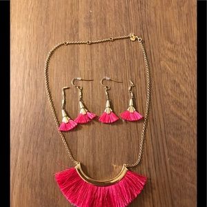Stella & Dot Gold Necklace with Fuchsia Tassels